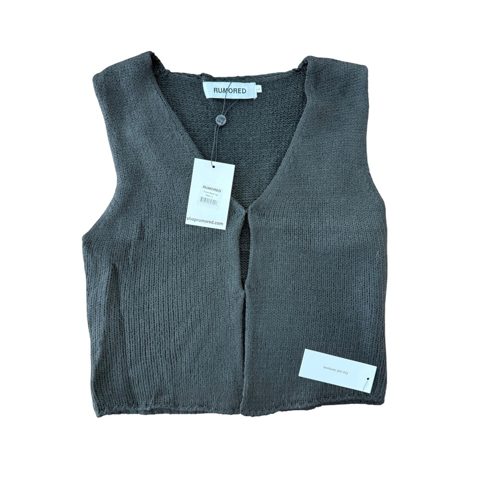Rumored Prince Street Top Black Large Ribbed Knit Cropped Vest Hook Eye NWT